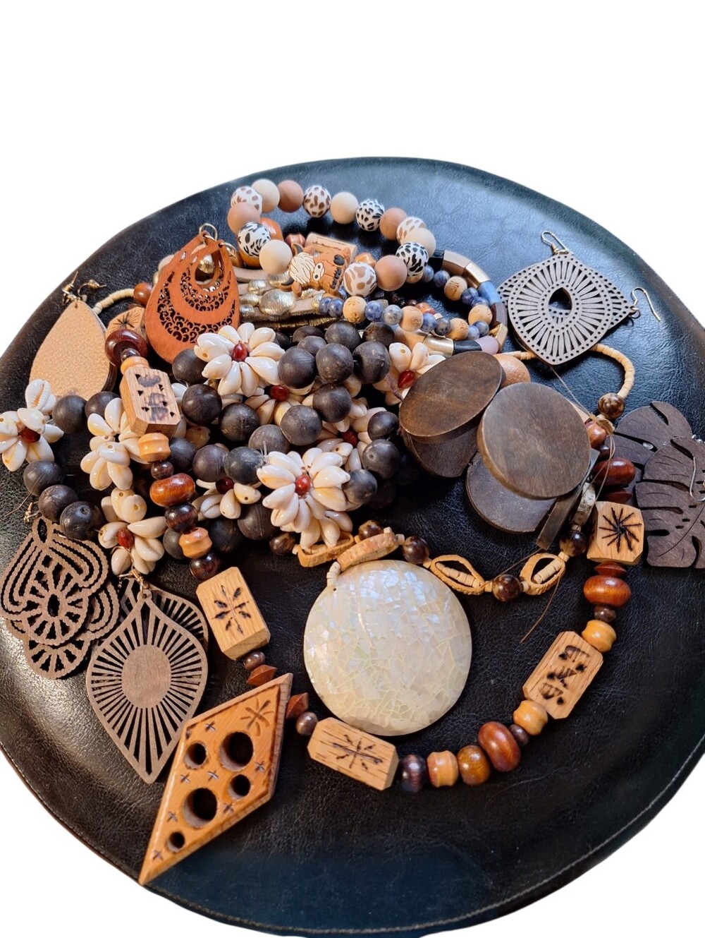 Bohemian Natural Wood & Shell Statement  Jewelry Lot Necklaces Bracelets Earring